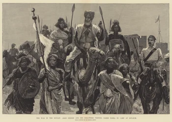 Der Krieg im Sudan, Arabischer Scheich und seine Anhänger besuchen Baker Pasha im Lager in Souakim